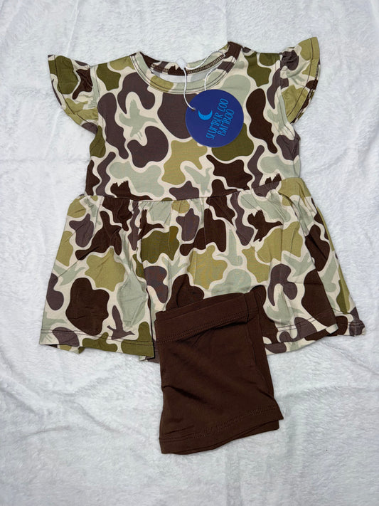 SHORT SLEEVE PEPLUM TOP W/ SHORTS - CAMO