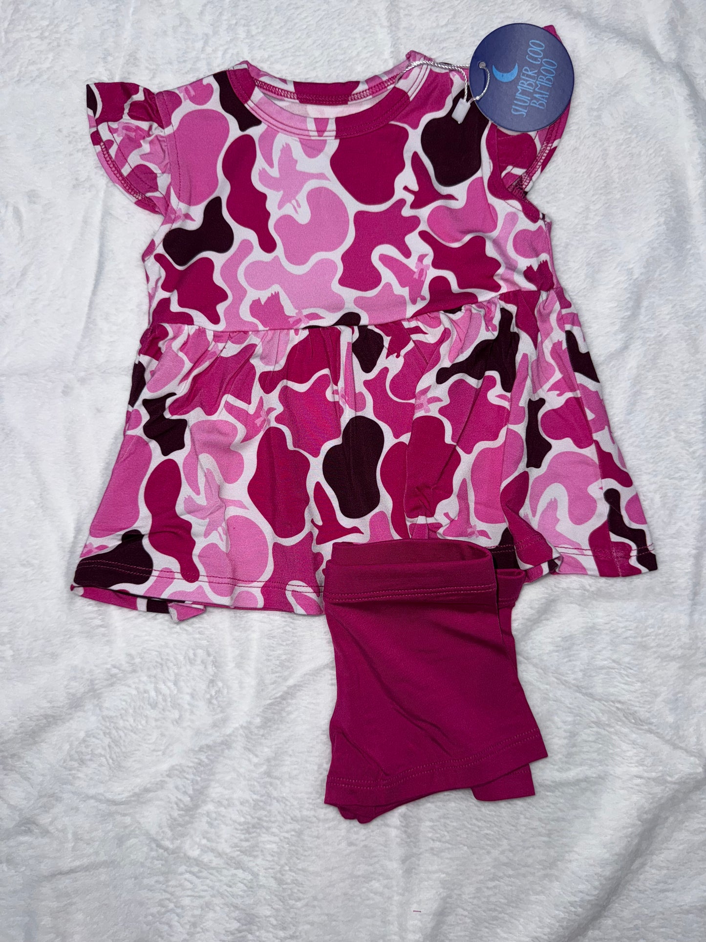 SHORT SLEEVE PEPLUM TOP W/ SHORTS - PINK CAMO