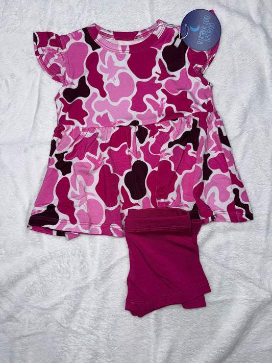 SHORT SLEEVE PEPLUM TOP W/ SHORTS - PINK CAMO